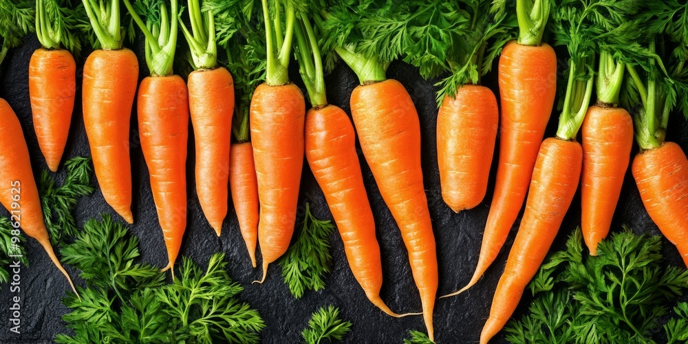 Fresh carrots arranged on a dark background. Vibrant orange and green colors create an appealing contrast. Ideal for food blogs, recipes, and health topics. Showcasing organic produce. AI Fresh carrots arranged on a dark background. Vibrant orange and green colors create an appealing contrast. Ideal for food blogs, recipes, and health topics. Showcasing organic produce. AI