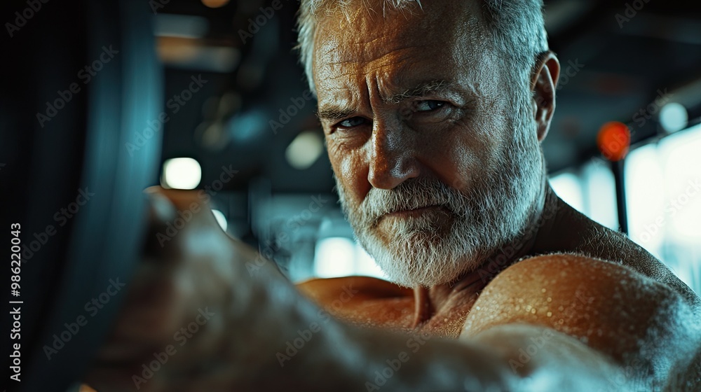 Full face portrait of a mature man in the gym, lifting weights, looking aggressive and defiant. Full face portrait of a mature man in the gym, lifting weights, looking aggressive and defiant.