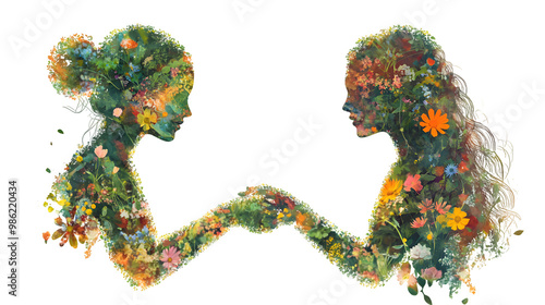 Silhouettes of two women covered with flowers holding hands on a transparent background. Man and nature, harmony, healthy life, environmental protection, love, unity of the biosphere, life in harmony  photo