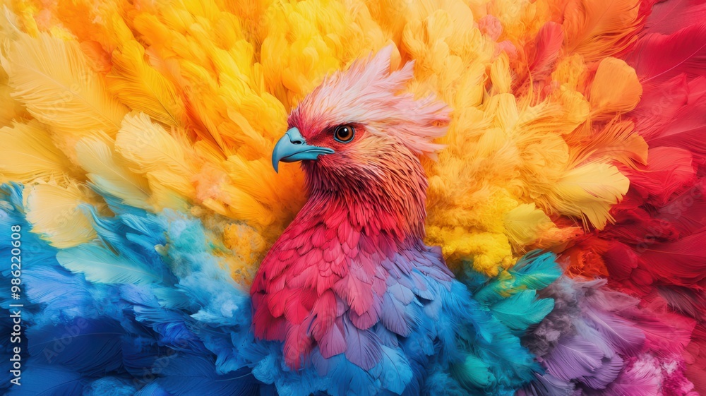 Fototapeta premium A vibrant, colorful bird made of feathers radiating brilliant hues of red, yellow, blue, and orange.