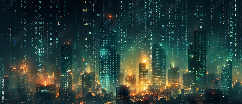 A futuristic cityscape illuminated by neon lights, with digital rain effects creating a tech-inspired atmosphere. A futuristic cityscape illuminated by neon lights, with digital rain effects creating a tech-inspired atmosphere.