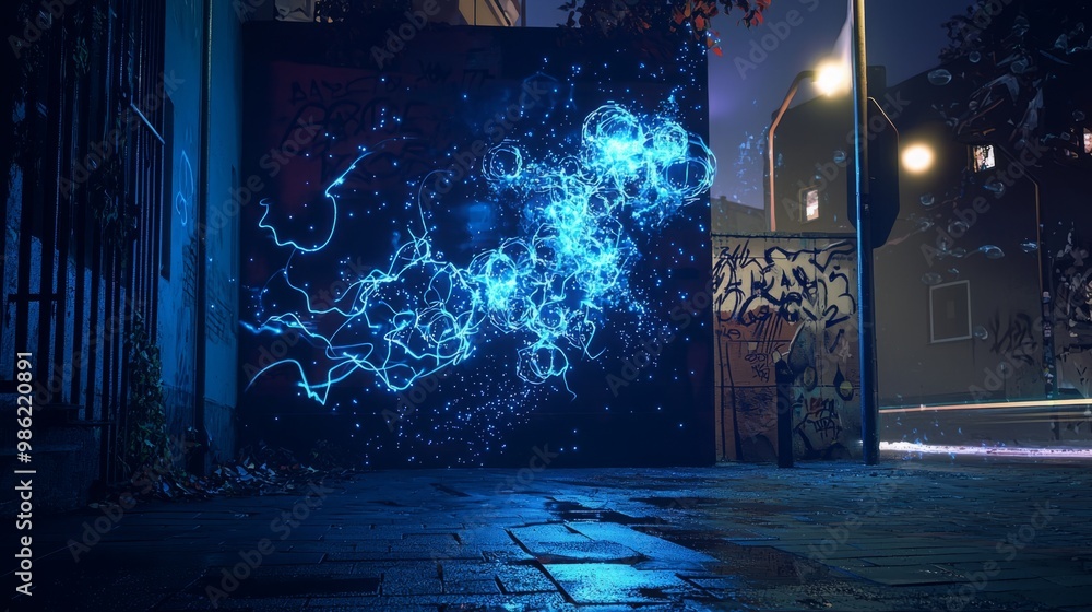 An urban scene showcasing glowing 3D graffiti art that seems to come to life under streetlights, creating a vibrant and dynamic atmosphere. This artwork embodies the essence of modern street culture An urban scene showcasing glowing 3D graffiti art that seems to come to life under streetlights, creating a vibrant and dynamic atmosphere. This artwork embodies the essence of modern street culture