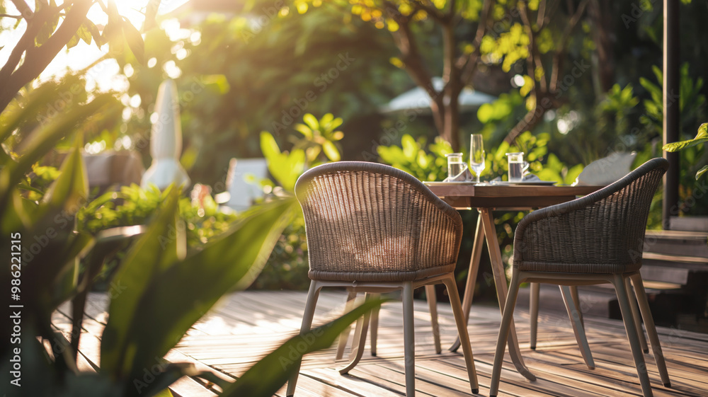 Fototapeta premium Two wicker chairs and a table on a wooden deck surrounded by lush green plants in a garden. Sunlight filters through trees creating a peaceful and inviting outdoor dining area