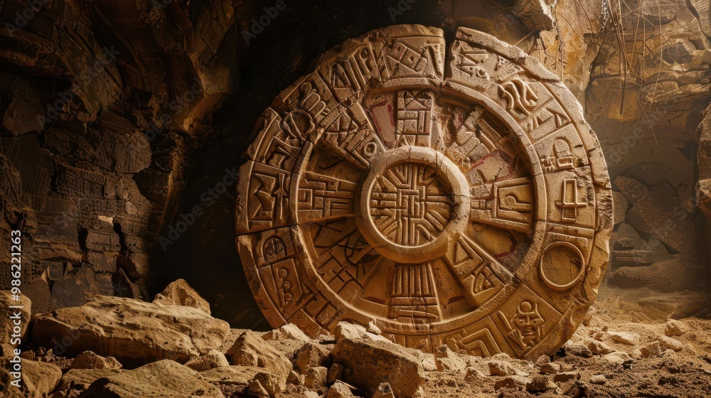 Naklejka premium An ancient Wheel of Fortune carved in stone, set in an archaeological dig site, with faded runes and mysterious symbols, dusty and realistic
