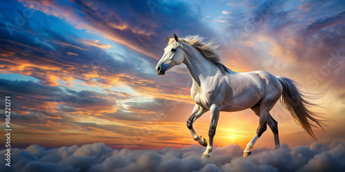 Majestic horse standing against a colorful sky backdrop, horse, sky, background, majestic, animal, wildlife, nature, beauty