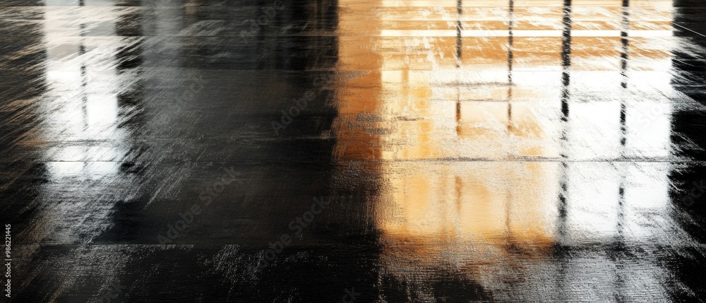 Naklejka premium A black and yellow floor with a reflection of the yellow floor in the window