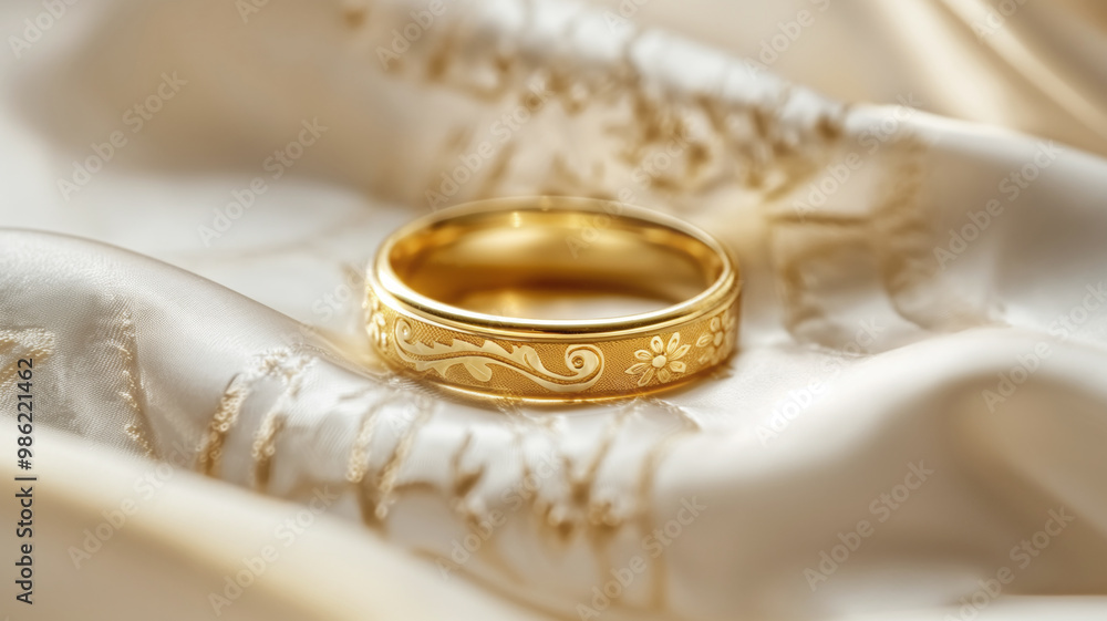 Golden ring with intricate floral engravings lying on soft, embroidered silk fabric. The delicate details of the ring highlight craftsmanship and elegance Golden ring with intricate floral engravings lying on soft, embroidered silk fabric. The delicate details of the ring highlight craftsmanship and elegance