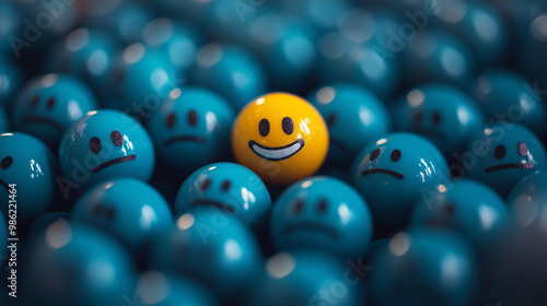 Blue Balls with Sad Faces Surrounding a Bright Yellow Ball with a Big Smile: A Vibrant Illustration of Joy and Happiness Amidst Sadness, Perfect for Themes of Positivity, Emotions, and Mental Health.