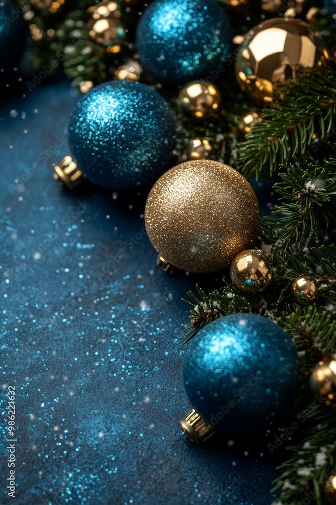 Shimmering blue and gold Christmas ornaments nestled on a bed of evergreen branches with a glittering blue background, creating a festive holiday scene. Shimmering blue and gold Christmas ornaments nestled on a bed of evergreen branches with a glittering blue background, creating a festive holiday scene.