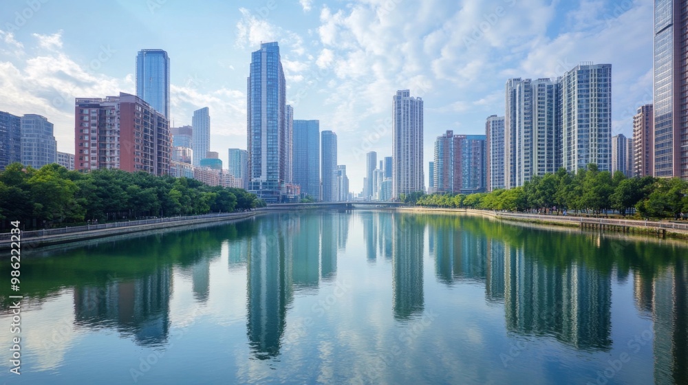 A panoramic view of sleek high-rise buildings lining a river, with reflections on the water and a clear sky, capturing the modern cityscape and tranquil waterway. A panoramic view of sleek high-rise buildings lining a river, with reflections on the water and a clear sky, capturing the modern cityscape and tranquil waterway.