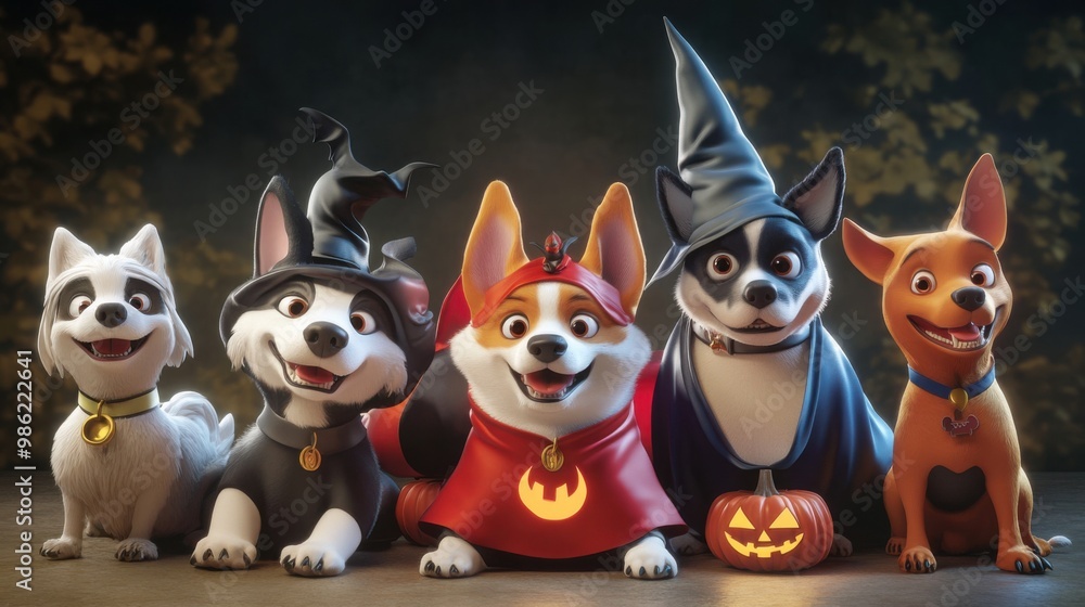 A group of 3D cartoon dogs dressed up for Halloween, wearing costumes like ghosts, superheroes, and witches, posing together for a fun photo A group of 3D cartoon dogs dressed up for Halloween, wearing costumes like ghosts, superheroes, and witches, posing together for a fun photo