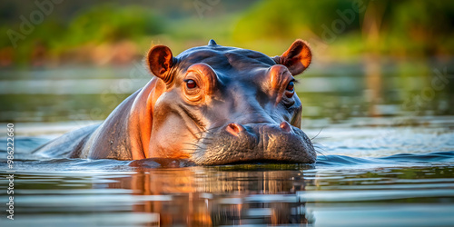 Fototapeta Naklejka Na Ścianę i Meble -  Hippopotamus gracefully swimming in calm water, hippopotamus, water, aquatic, wildlife, mammal, African, nature, animal