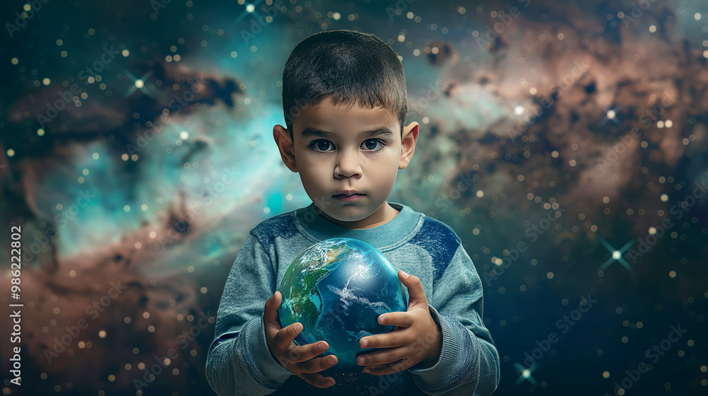 Child holding planet Earth, galaxies and stars in background, imaginative cosmic concept Child holding planet Earth, galaxies and stars in background, imaginative cosmic concept