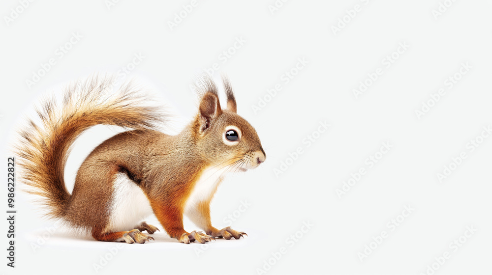 Squirrel standing on white background, showcasing fur, looking alert, against plain backdrop, wildlife concept Squirrel standing on white background, showcasing fur, looking alert, against plain backdrop, wildlife concept