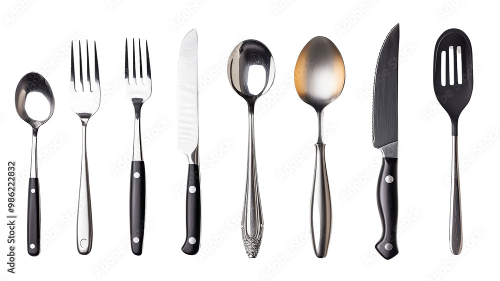 Collection of kitchen utensils including spoon, fork, knife, and spatula isolated on transparent background, PNG file Collection of kitchen utensils including spoon, fork, knife, and spatula isolated on transparent background, PNG file
