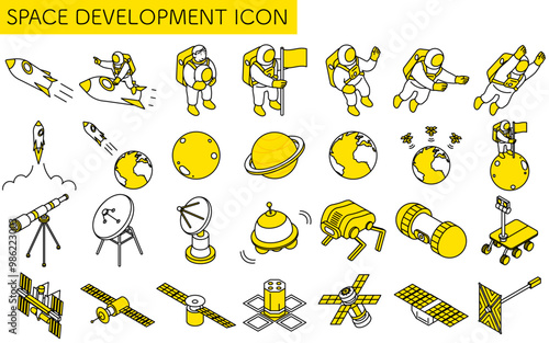 宇宙飛行士や人工衛星などの宇宙開発のシンプルな線画、アイソメイラストセット
