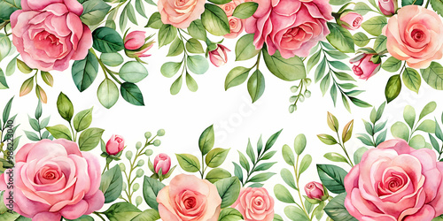 Pink roses and green leaves watercolor floral pattern, watercolor, vibrant, floral, pink, roses, green, leaves, pattern