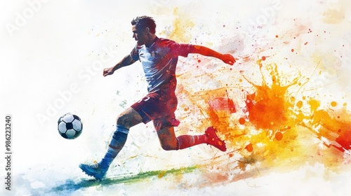 Watercolor painting of a soccer player kicking the ball.