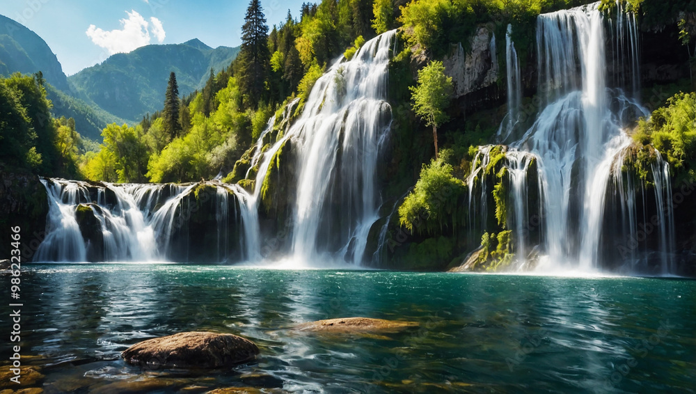 Fototapeta premium In the sunny mountains, a waterfall cascades into a serene lake, surrounded by birds and wildlife