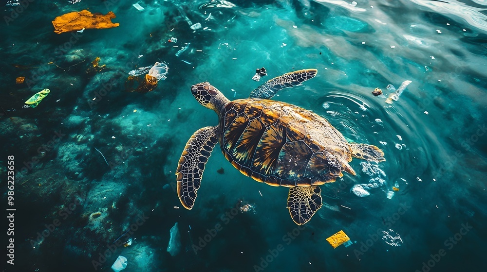 Endangered Sea Turtle Surrounded by Plastic Pollution in the Ocean Endangered Sea Turtle Surrounded by Plastic Pollution in the Ocean