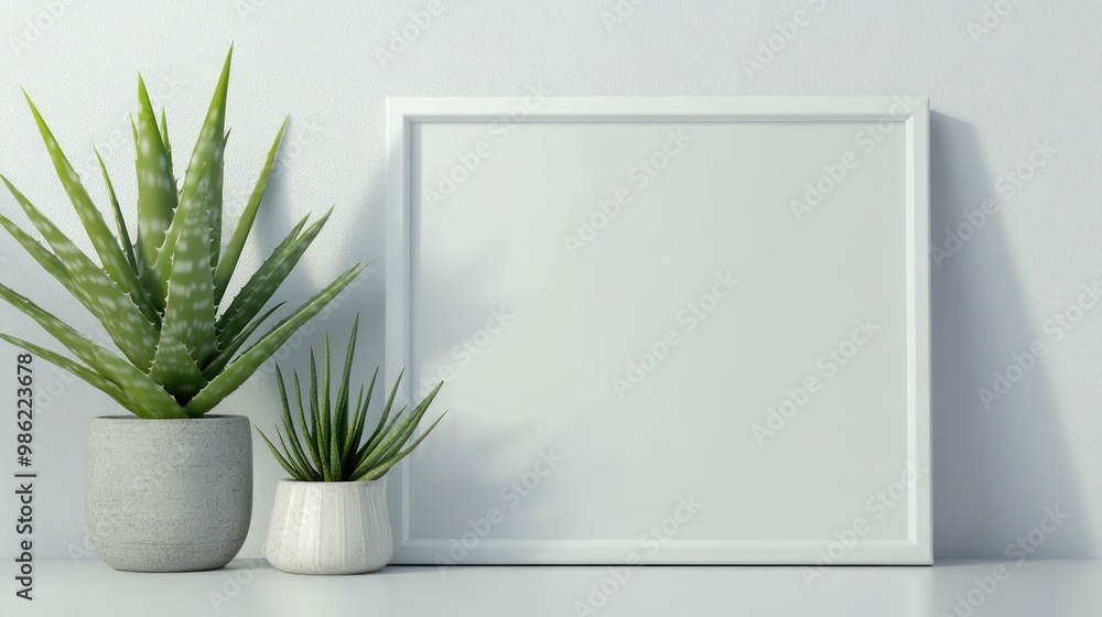 A white frame with a blank canvas sits on a white table with two plants in pots. A white frame with a blank canvas sits on a white table with two plants in pots.