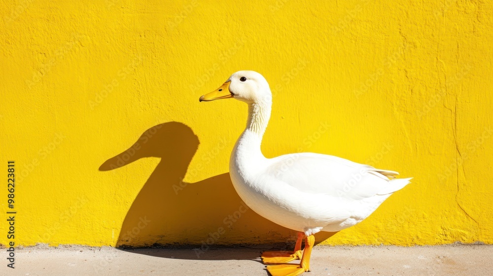 Fototapeta premium A white goose stands in front of a bright yellow wall.
