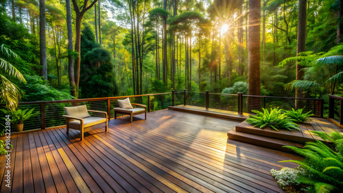 Tranquil outdoor deck enveloped by towering trees and vibrant foliage, ideal for meditation and relaxation, serene, deck