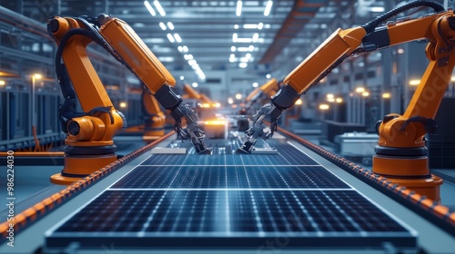 Two robotic arms working on a solar panel in a factory.