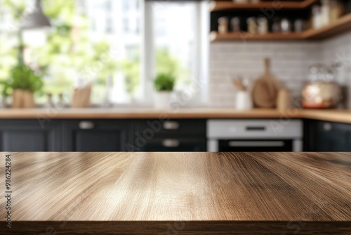 Modern kitchen countertop or tabletop with empty space over blurred kitchen in the background with generative ai