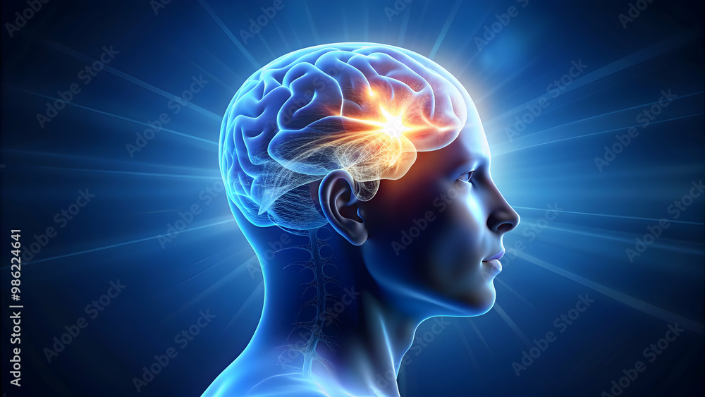 rendering of human head with glowing brain on dark blue background, neuroscience, artificial intelligence rendering of human head with glowing brain on dark blue background, neuroscience, artificial intelligence