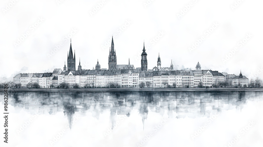 Fototapeta premium Hagen, Germany, black and white pen pencil hand-drawn effect drawing illustration for travel poster, card, wallpaper, backdrop or banner. Modern, clear, artistic and simple