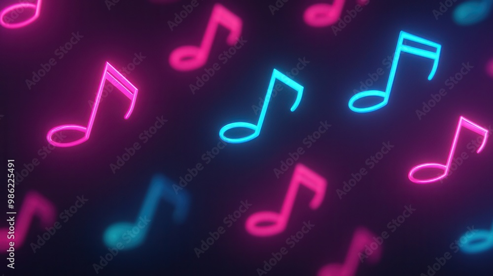 A vibrant pattern of glowing musical notes in pink and blue against a dark background, creating a lively and dynamic visual atmosphere. A vibrant pattern of glowing musical notes in pink and blue against a dark background, creating a lively and dynamic visual atmosphere.