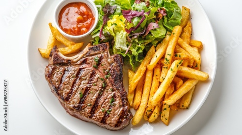 A plate of steak served with a side of crispy fries and a fresh salad, arranged elegantly on a white background to emphasize the vibrant colors and textures of the meal.