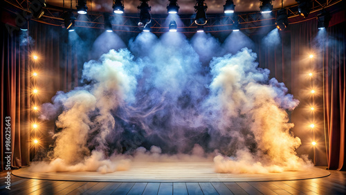 Intense and theatrical stage with swirling smoke effects , spotlight, circular, vivid, dramatic, atmosphere, dark, room photo