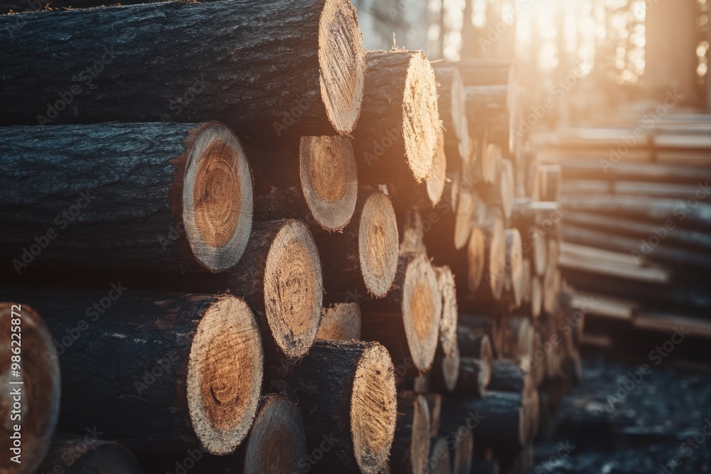 Massive tree trunks stacked in a lumberyard, bathed in harsh sunlight, creating a striking industrial background. This scene highlights the raw beauty of timber, with ample copy space to emphasize the Massive tree trunks stacked in a lumberyard, bathed in harsh sunlight, creating a striking industrial background. This scene highlights the raw beauty of timber, with ample copy space to emphasize the
