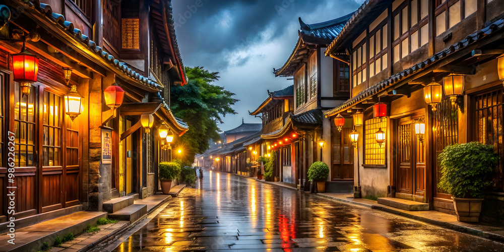 Late rainy evening in an old town with wet pavement Late rainy evening in an old town with wet pavement