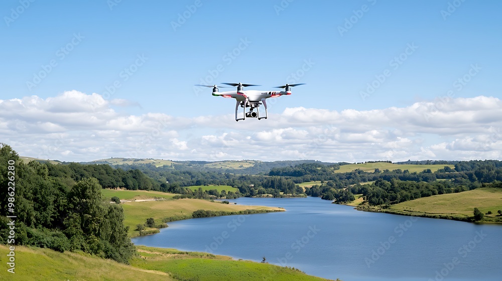Fototapeta premium A drone flying over a picturesque landscape, capturing real-time data and streaming it seamlessly via 5G technology. The image highlights the potential of wireless connections in diverse