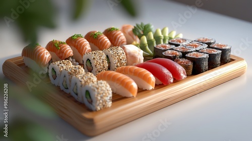 A beautifully arranged platter of sushi featuring a variety of rolls and sashimi, perfect for food lovers and culinary enthusiasts. photo