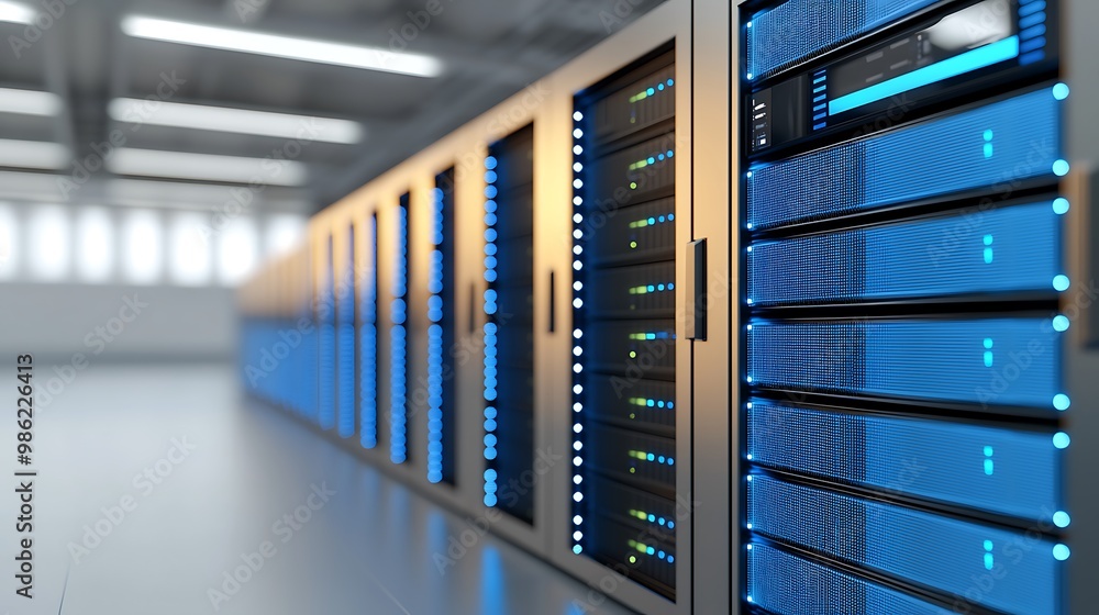 A sleek data center filled with server racks illuminated by blue LED lights, highlighting the modern infrastructure of cloud computing. The photo captures the essence of high-tech solutions offered A sleek data center filled with server racks illuminated by blue LED lights, highlighting the modern infrastructure of cloud computing. The photo captures the essence of high-tech solutions offered