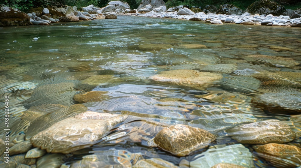Fototapeta premium Crystal clear water flowing over smooth river rocks.