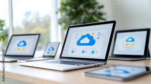 A close-up of multiple connected devices such as laptops, tablets, and smartphones, all displaying cloud-related graphics on their screens. The sharp focus draws attention to the seamless integration