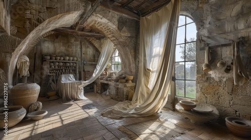 Rustic stone workshop interior with large windows, pottery and draped fabric.