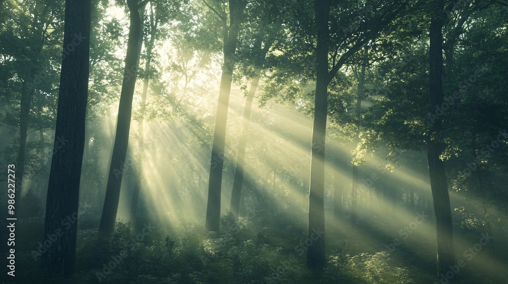 Sunlight Rays Piercing Through a Misty Forest Sunlight Rays Piercing Through a Misty Forest