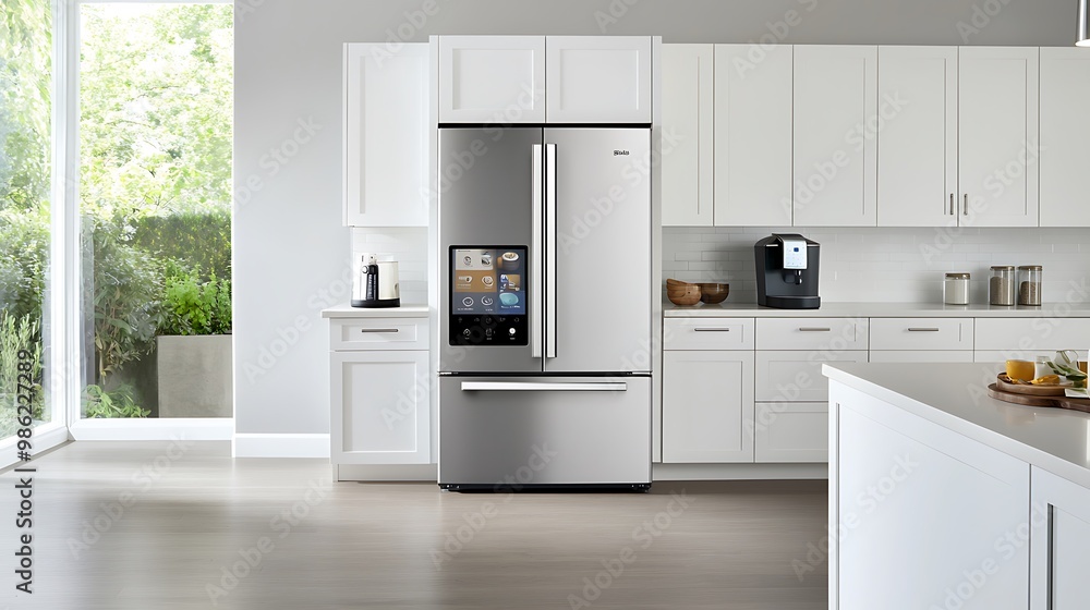 A stylish kitchen equipped with high-end smart appliances, including a smart refrigerator with a touchscreen interface and a voice-controlled coffee maker. The photo captures the brightness of the A stylish kitchen equipped with high-end smart appliances, including a smart refrigerator with a touchscreen interface and a voice-controlled coffee maker. The photo captures the brightness of the