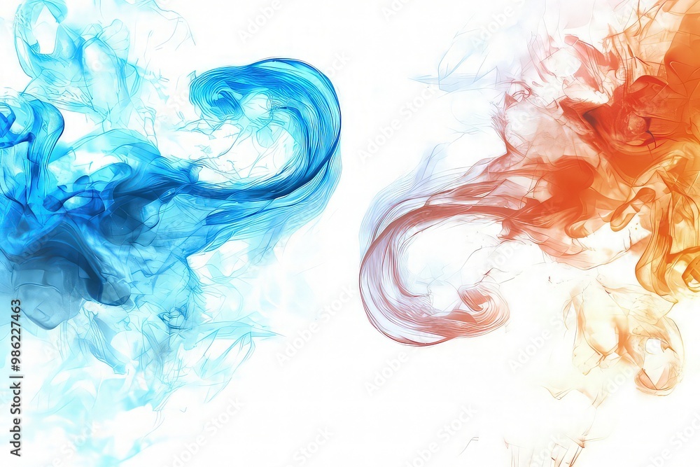 Fototapeta premium A dynamic scene of swirling smoke in contrasting colors of icy blue and fiery red, symbolizing the clash of ice and fire. isolated on white background. 
