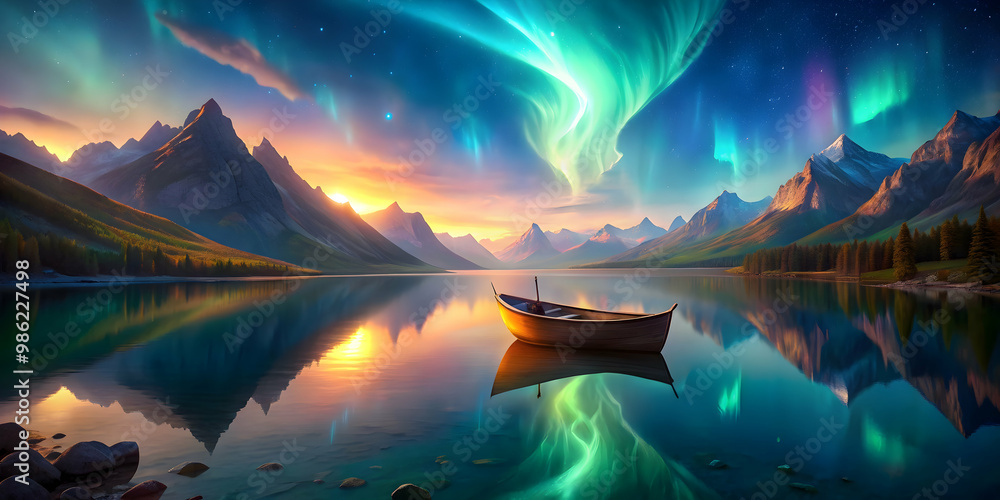 Fantasy landscape painting of a boat on a lake with aurora borealis in the sky and mountains in the background, Fantasy Fantasy landscape painting of a boat on a lake with aurora borealis in the sky and mountains in the background, Fantasy