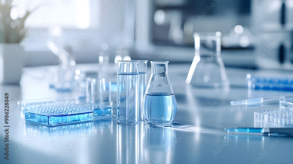 Laboratory Glassware with Blue Liquid on a White Surface Laboratory Glassware with Blue Liquid on a White Surface
