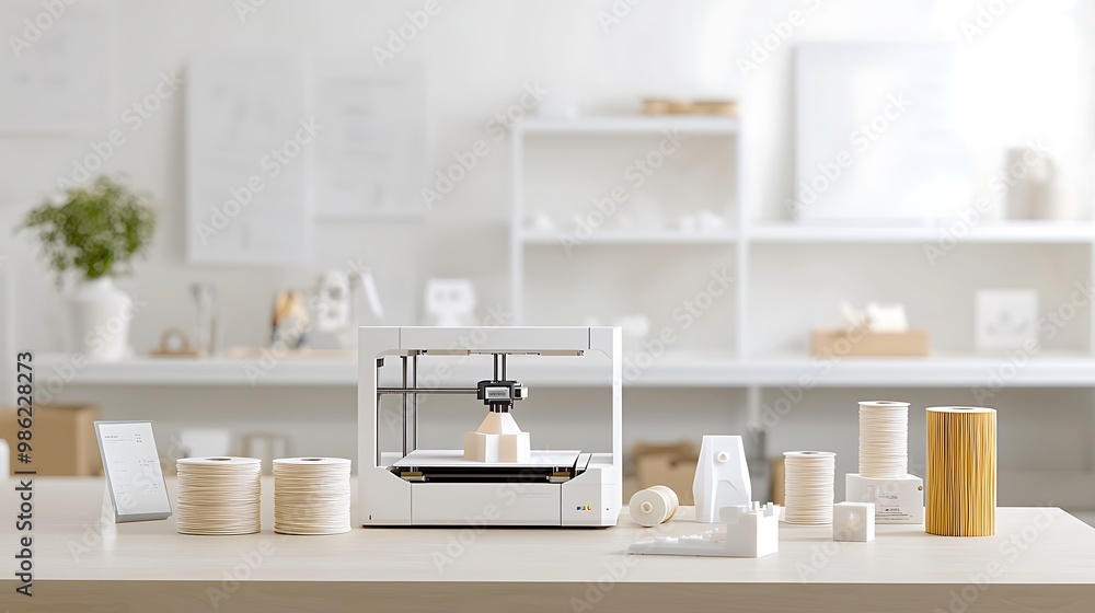 A professional workspace featuring a state-of-the-art 3D printer in action, with filament spools and printed prototypes neatly arranged around it. The depth of field draws attention to the printing A professional workspace featuring a state-of-the-art 3D printer in action, with filament spools and printed prototypes neatly arranged around it. The depth of field draws attention to the printing