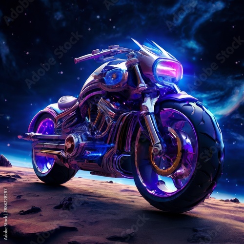 A stunning futuristic motorcycle with vibrant neon lights stands against a cosmic landscape. The image features a sleek design and glowing effects, capturing the essence of sci-fi and futuristic photo