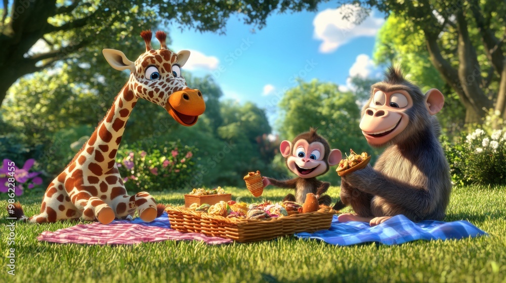 A group of 3D cartoon animals, including a giraffe, monkey, and zebra, having a picnic together in a bright and playful meadow, laughing and sharing snacks A group of 3D cartoon animals, including a giraffe, monkey, and zebra, having a picnic together in a bright and playful meadow, laughing and sharing snacks